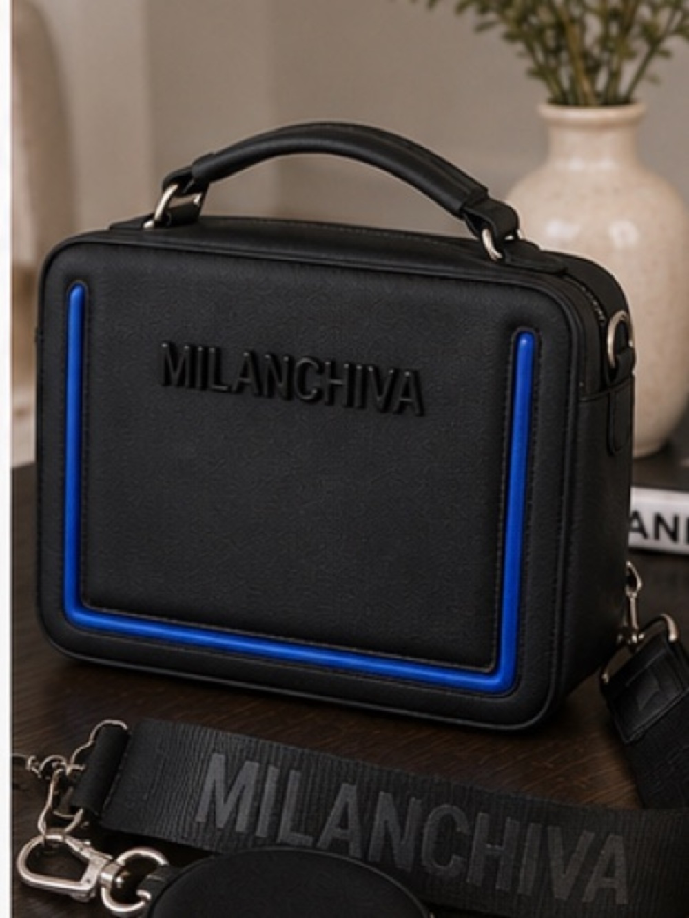 MILANCHIVA Black Blue Top-Handle Structured Bag Crossbody with Coin Pouch